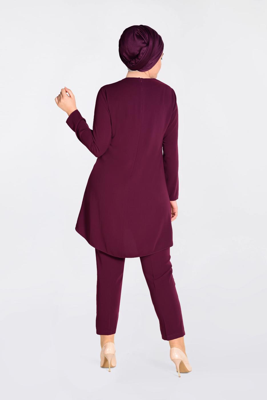 Tesettür giyim MÜRDÜM GÜPÜR DETAYLI 2′Lİ PANTOLONLU TAKIM 3474P