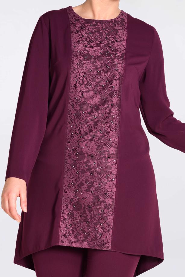 Tesettür giyim MÜRDÜM GÜPÜR DETAYLI 2′Lİ PANTOLONLU TAKIM 3474P  - TRENDTESETTÜR