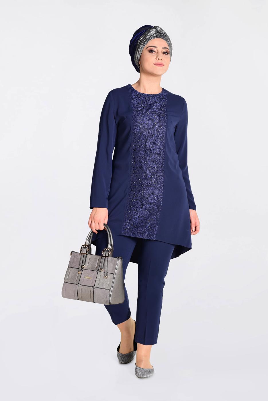 Tesettür giyim LACİVERT GÜPÜR DETAYLI 2′Lİ PANTOLONLU TAKIM 3474P 
