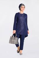 Tesettür giyim LACİVERT GÜPÜR DETAYLI 2′Lİ PANTOLONLU TAKIM 3474P 