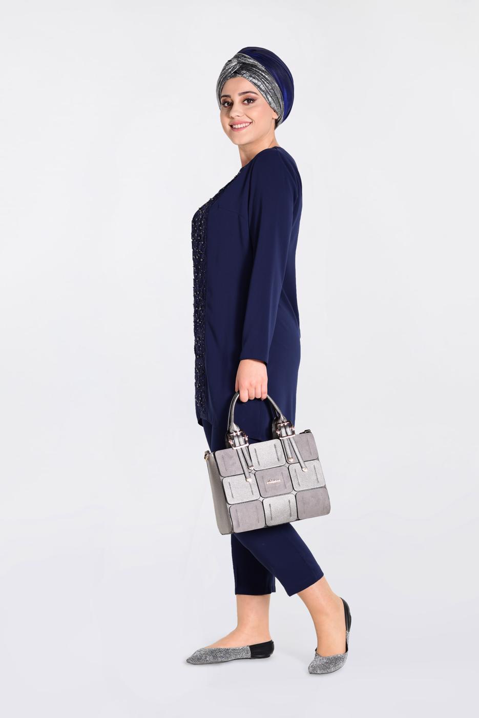 Tesettür giyim LACİVERT GÜPÜR DETAYLI 2′Lİ PANTOLONLU TAKIM 3474P 