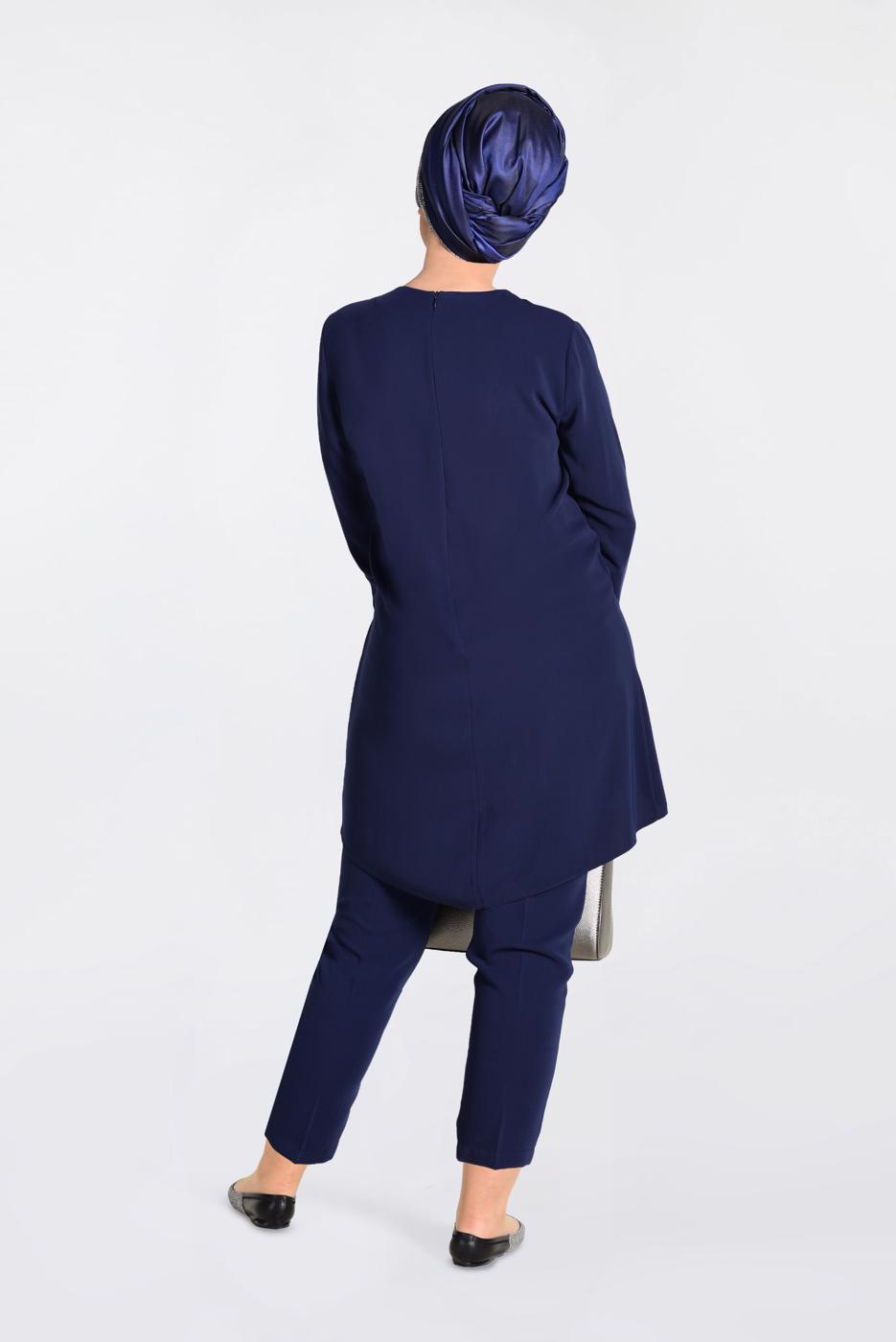 Tesettür giyim LACİVERT GÜPÜR DETAYLI 2′Lİ PANTOLONLU TAKIM 3474P 