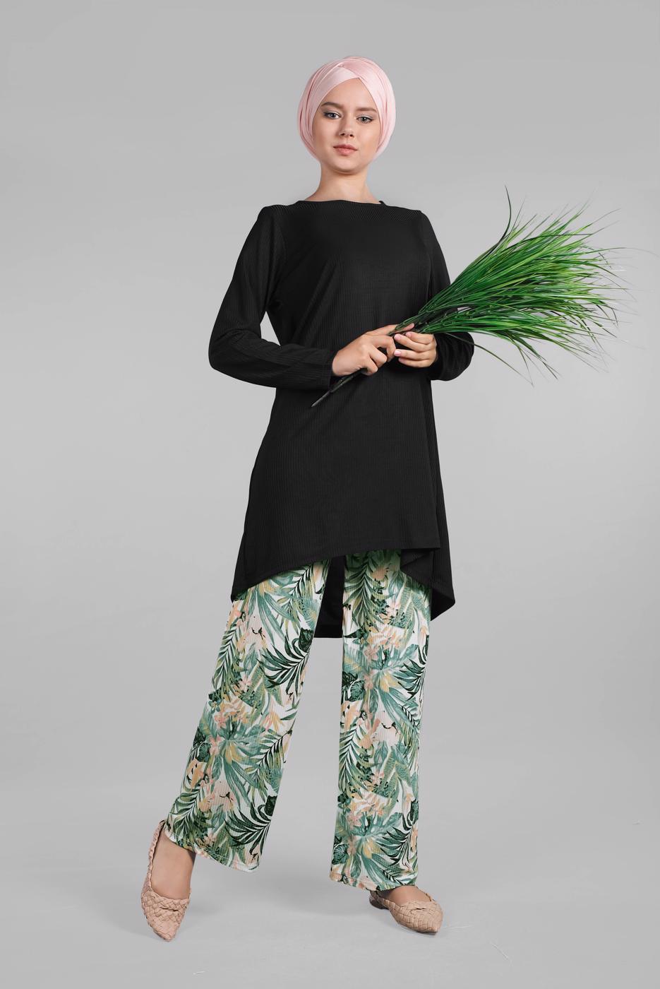 Tesettür giyim SİYAH ÇİÇEK DESENLİ FİTİLLİ 2&prime;Lİ PANTOLONLU TAKIM 3725