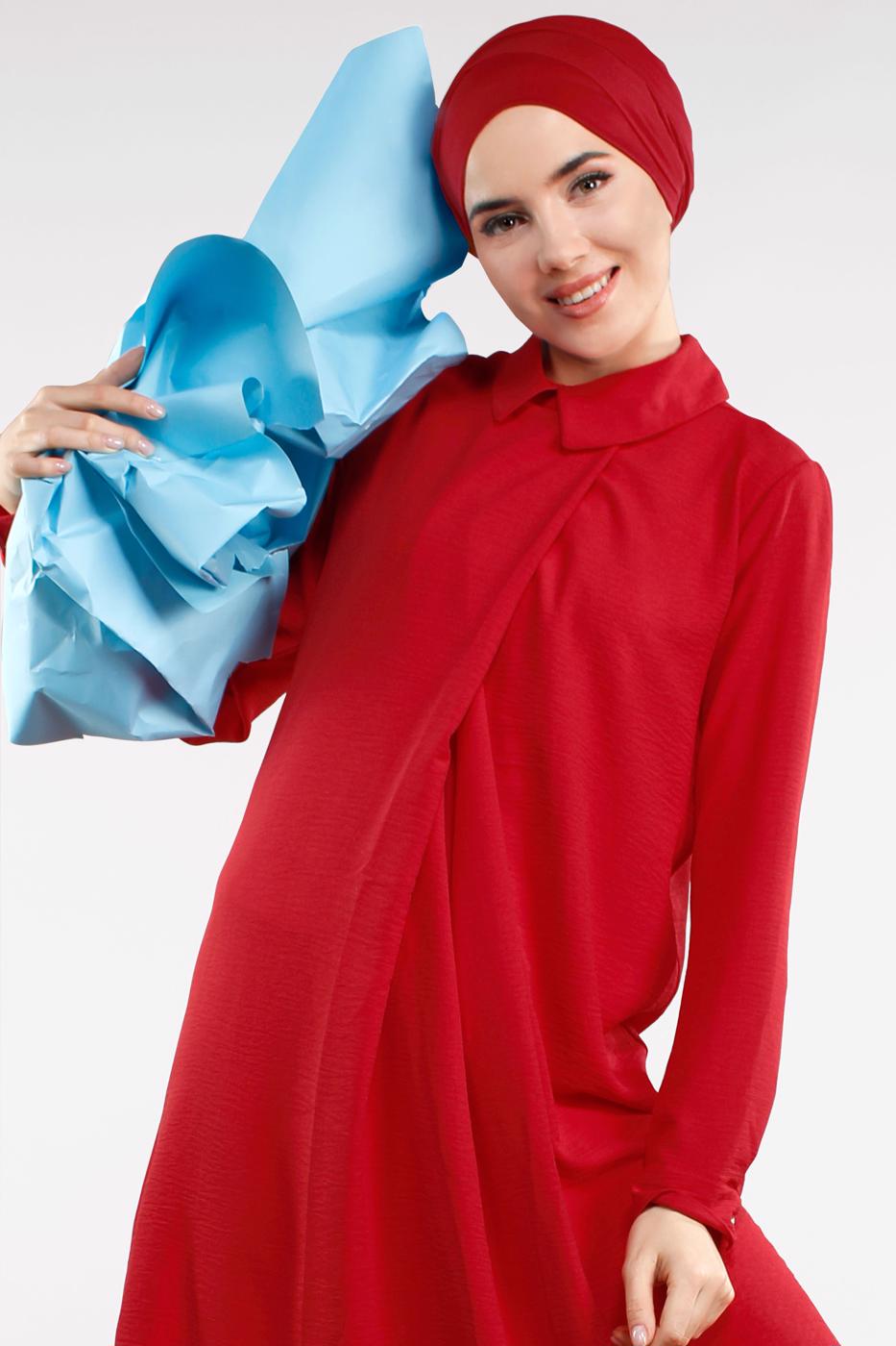 Tesettür giyim KIRMIZI PAMUKLU 2&prime;Lİ PANTOLONLU TAKIM 4002