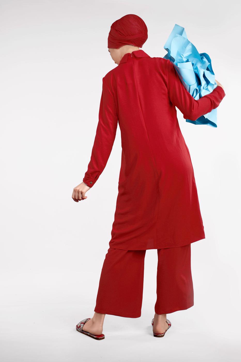 Tesettür giyim KIRMIZI PAMUKLU 2&prime;Lİ PANTOLONLU TAKIM 4002