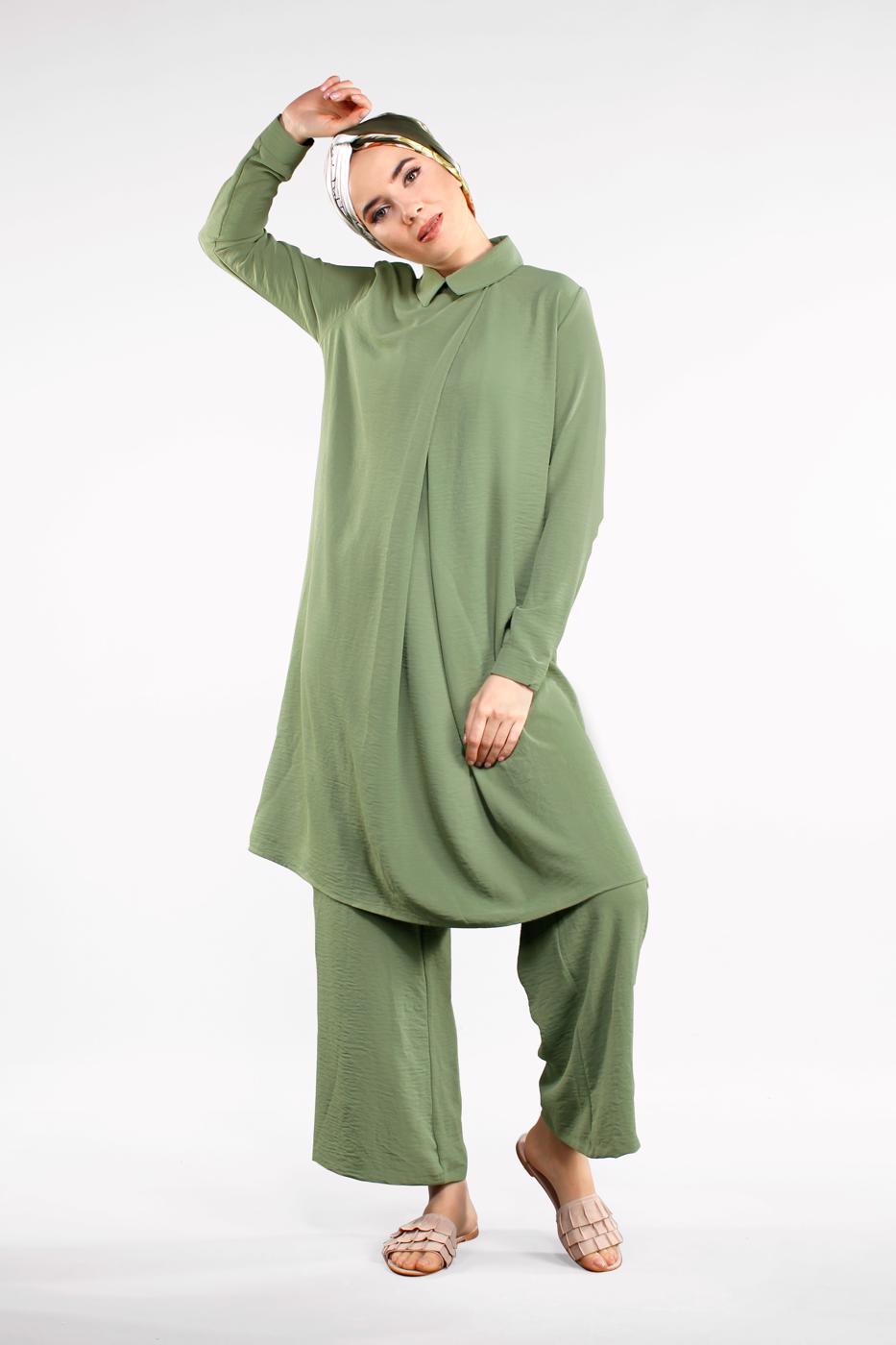 Tesettür giyim HAKİ PAMUKLU 2&prime;Lİ PANTOLONLU TAKIM 4002