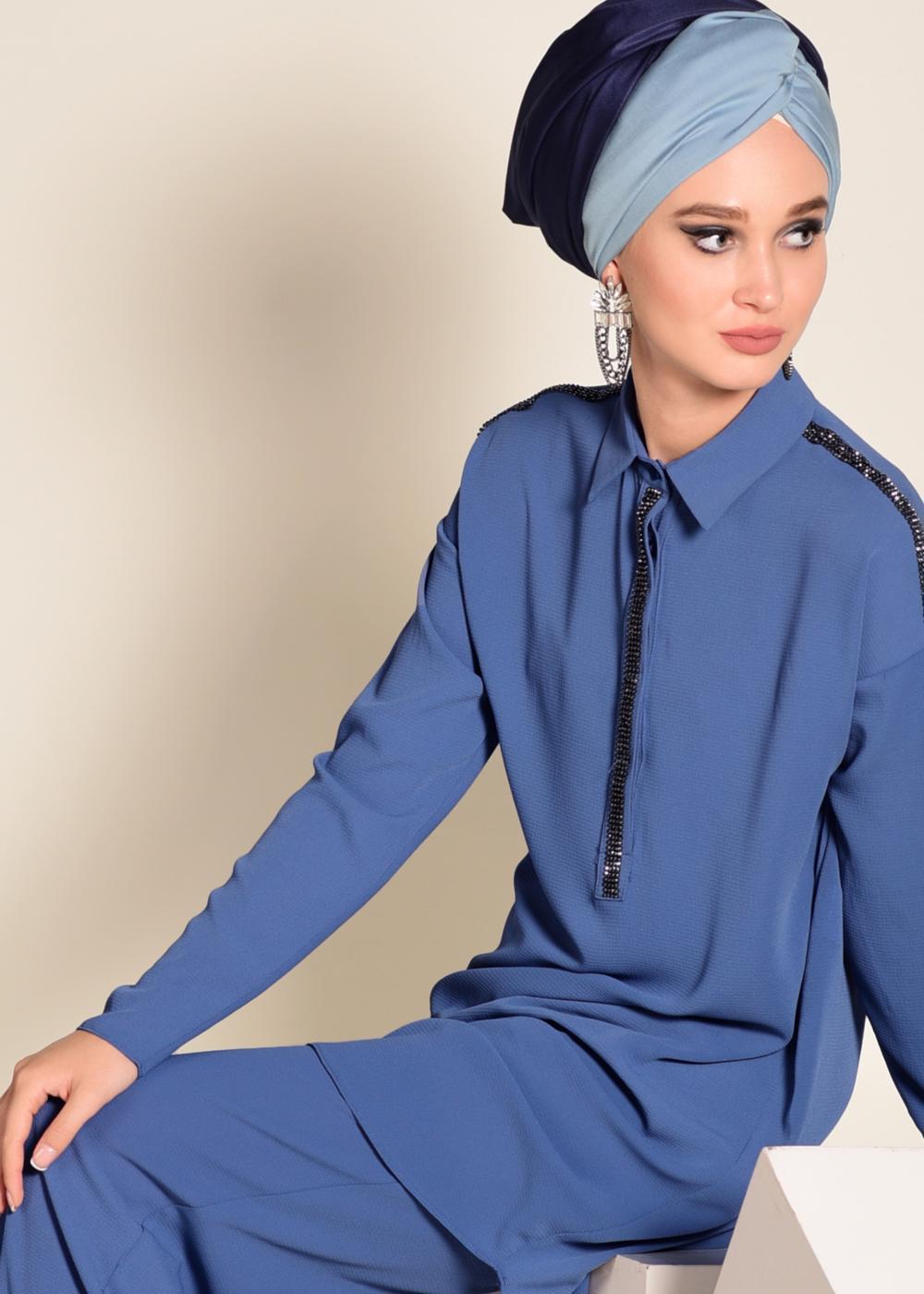 Tesettür giyim LACİVERT ŞERİT TAŞ DETAYLI 2&prime;Lİ PANT. TAKIM 4253 