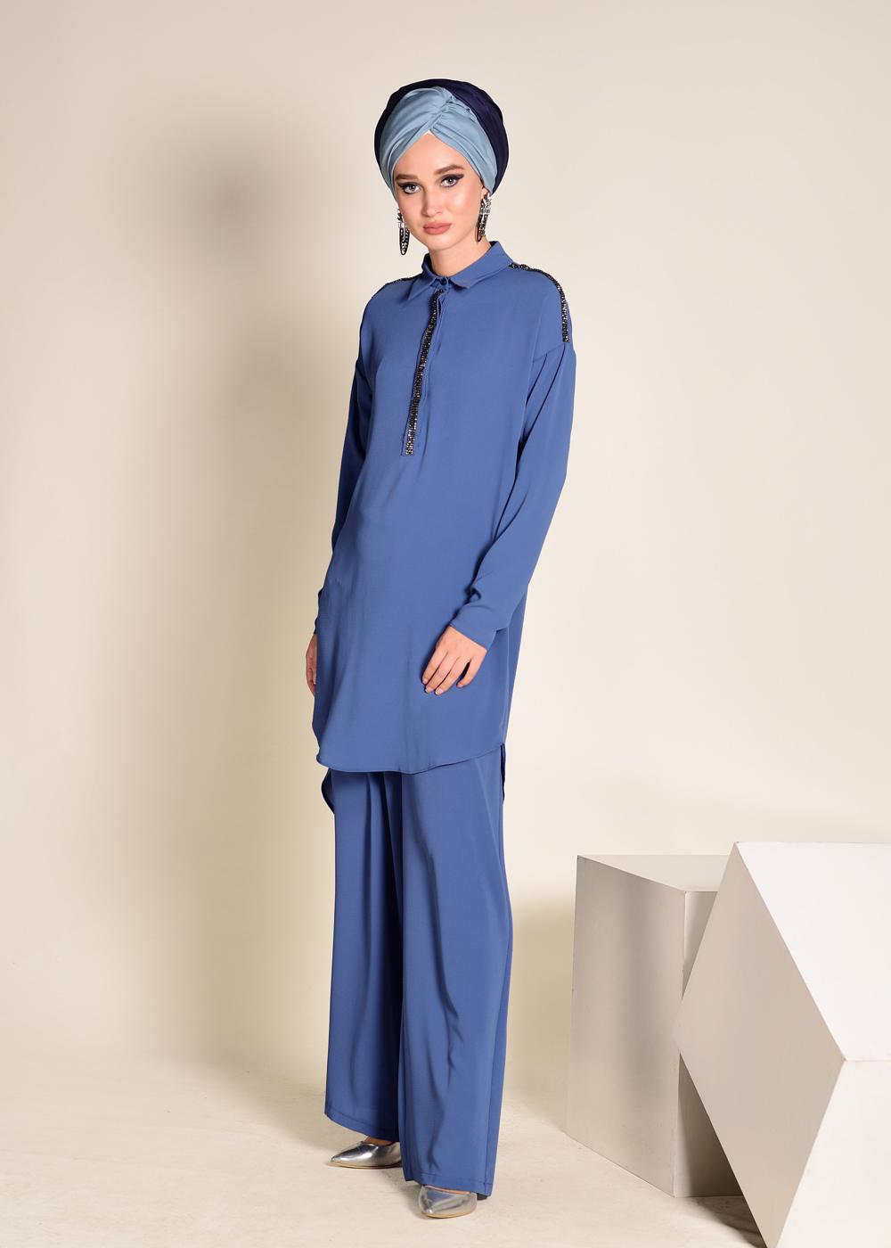 Tesettür giyim LACİVERT ŞERİT TAŞ DETAYLI 2&prime;Lİ PANT. TAKIM 4253 