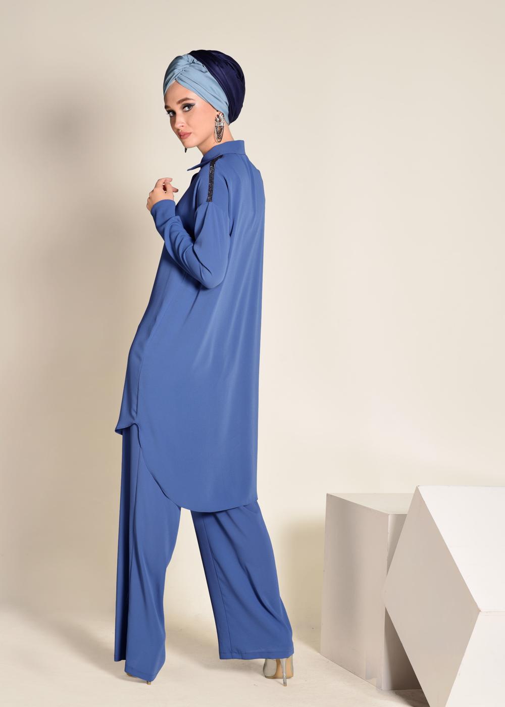 Tesettür giyim LACİVERT ŞERİT TAŞ DETAYLI 2&prime;Lİ PANT. TAKIM 4253 