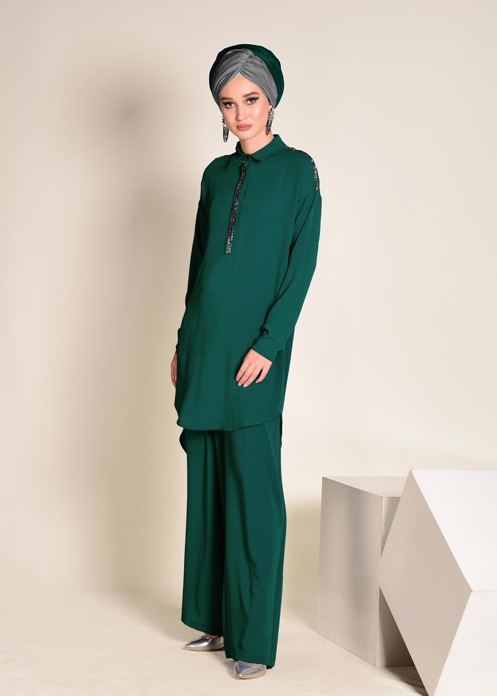 Tesettür giyim YEŞİL ŞERİT TAŞ DETAYLI 2&prime;Lİ PANT. TAKIM 4253 