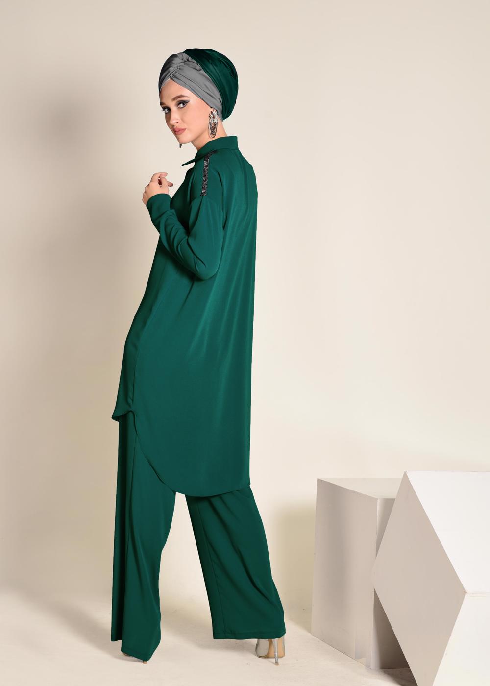 Tesettür giyim YEŞİL ŞERİT TAŞ DETAYLI 2&prime;Lİ PANT. TAKIM 4253 