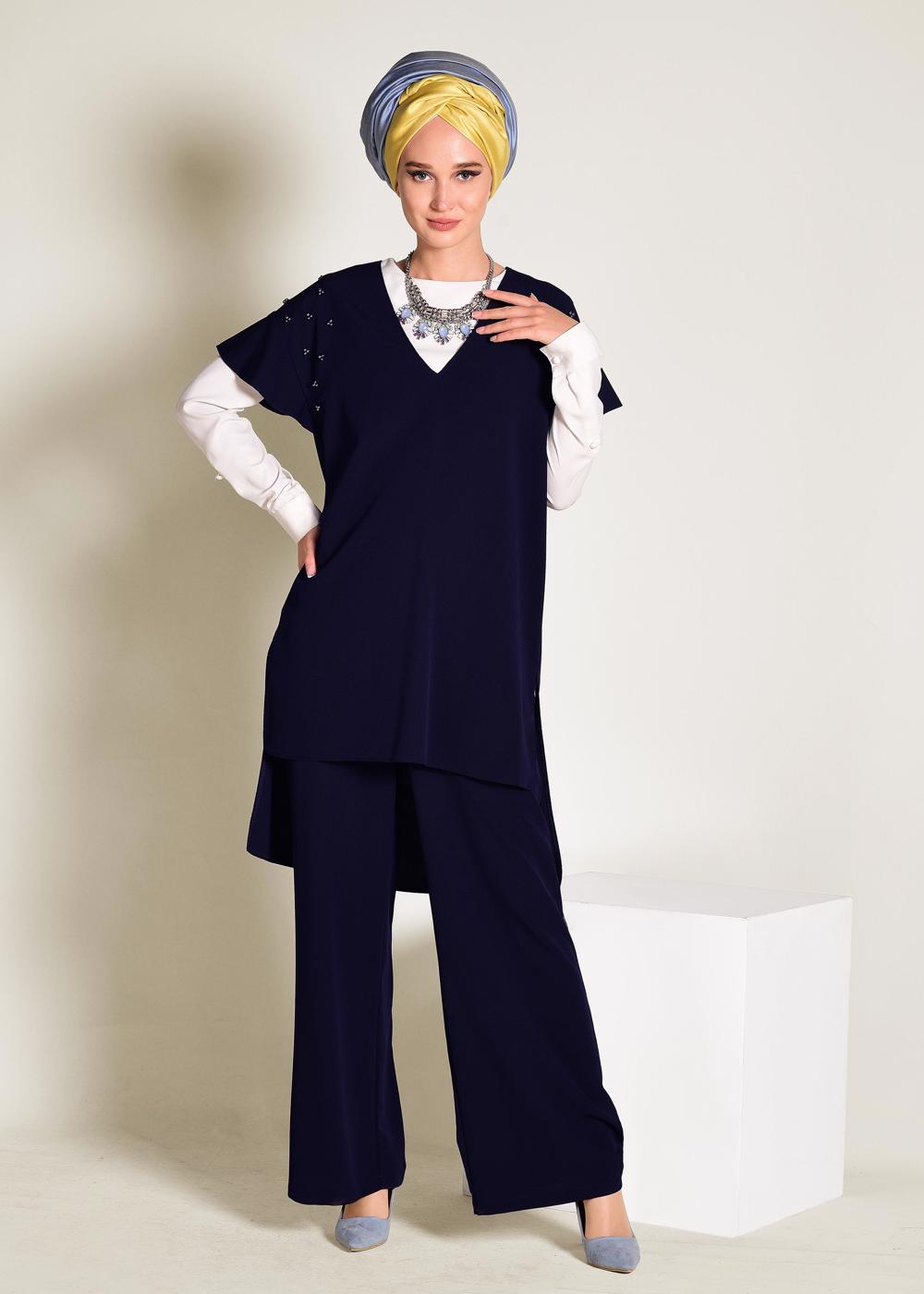 Tesettür giyim LACİVERT İNCİ DETAYLI OMUZLARI VOLANLI 2&prime;Lİ PANT. TAKIM 4352