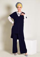 Tesettür giyim LACİVERT İNCİ DETAYLI OMUZLARI VOLANLI 2&prime;Lİ PANT. TAKIM 4352