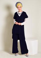 Tesettür giyim LACİVERT İNCİ DETAYLI OMUZLARI VOLANLI 2&prime;Lİ PANT. TAKIM 4352