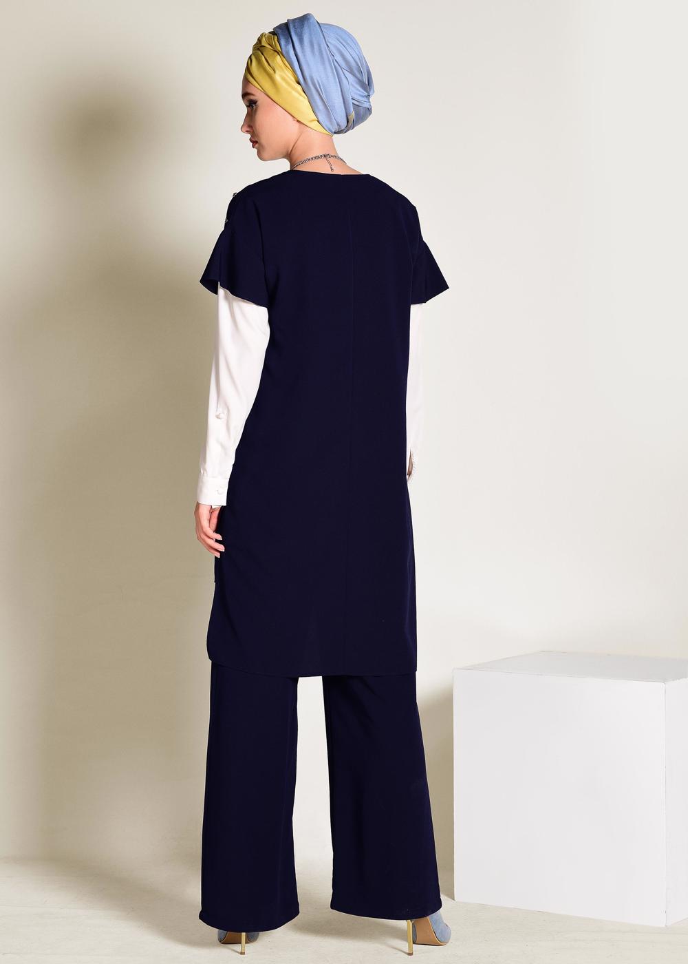 Tesettür giyim LACİVERT İNCİ DETAYLI OMUZLARI VOLANLI 2&prime;Lİ PANT. TAKIM 4352