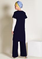 Tesettür giyim LACİVERT İNCİ DETAYLI OMUZLARI VOLANLI 2&prime;Lİ PANT. TAKIM 4352