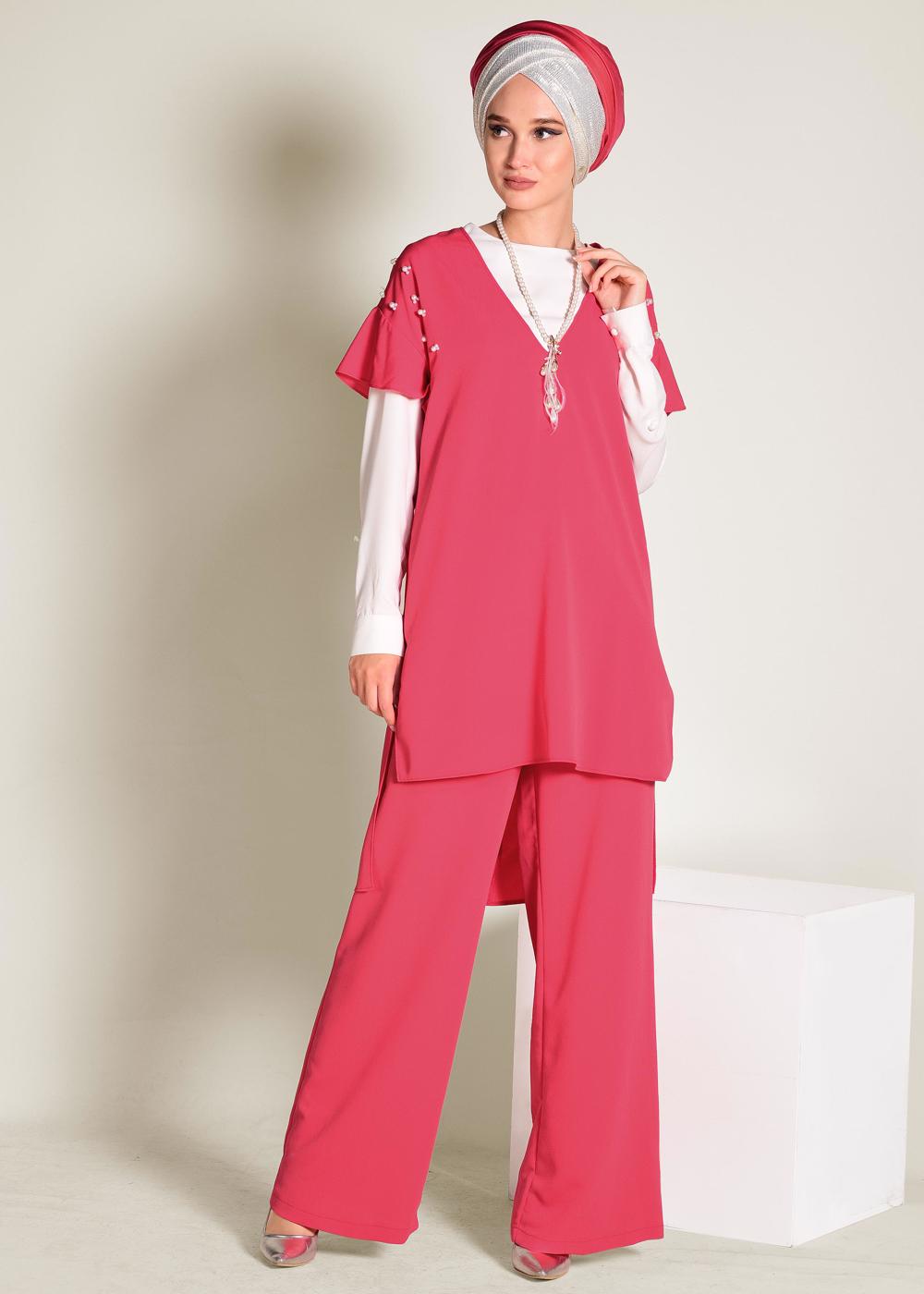 Tesettür giyim MERCAN İNCİ DETAYLI OMUZLARI VOLANLI 2&prime;Lİ PANT. TAKIM 4352
