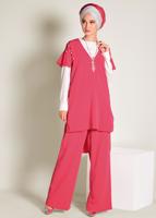 Tesettür giyim MERCAN İNCİ DETAYLI OMUZLARI VOLANLI 2&prime;Lİ PANT. TAKIM 4352