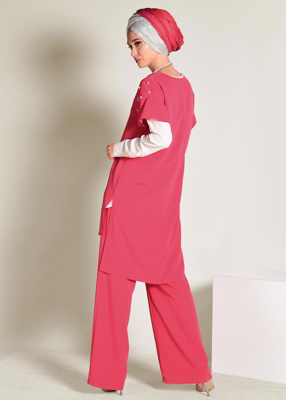 Tesettür giyim MERCAN İNCİ DETAYLI OMUZLARI VOLANLI 2&prime;Lİ PANT. TAKIM 4352