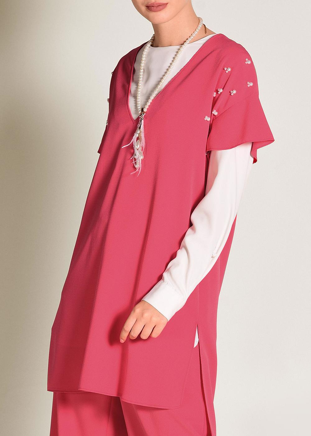 Tesettür giyim MERCAN İNCİ DETAYLI OMUZLARI VOLANLI 2&prime;Lİ PANT. TAKIM 4352