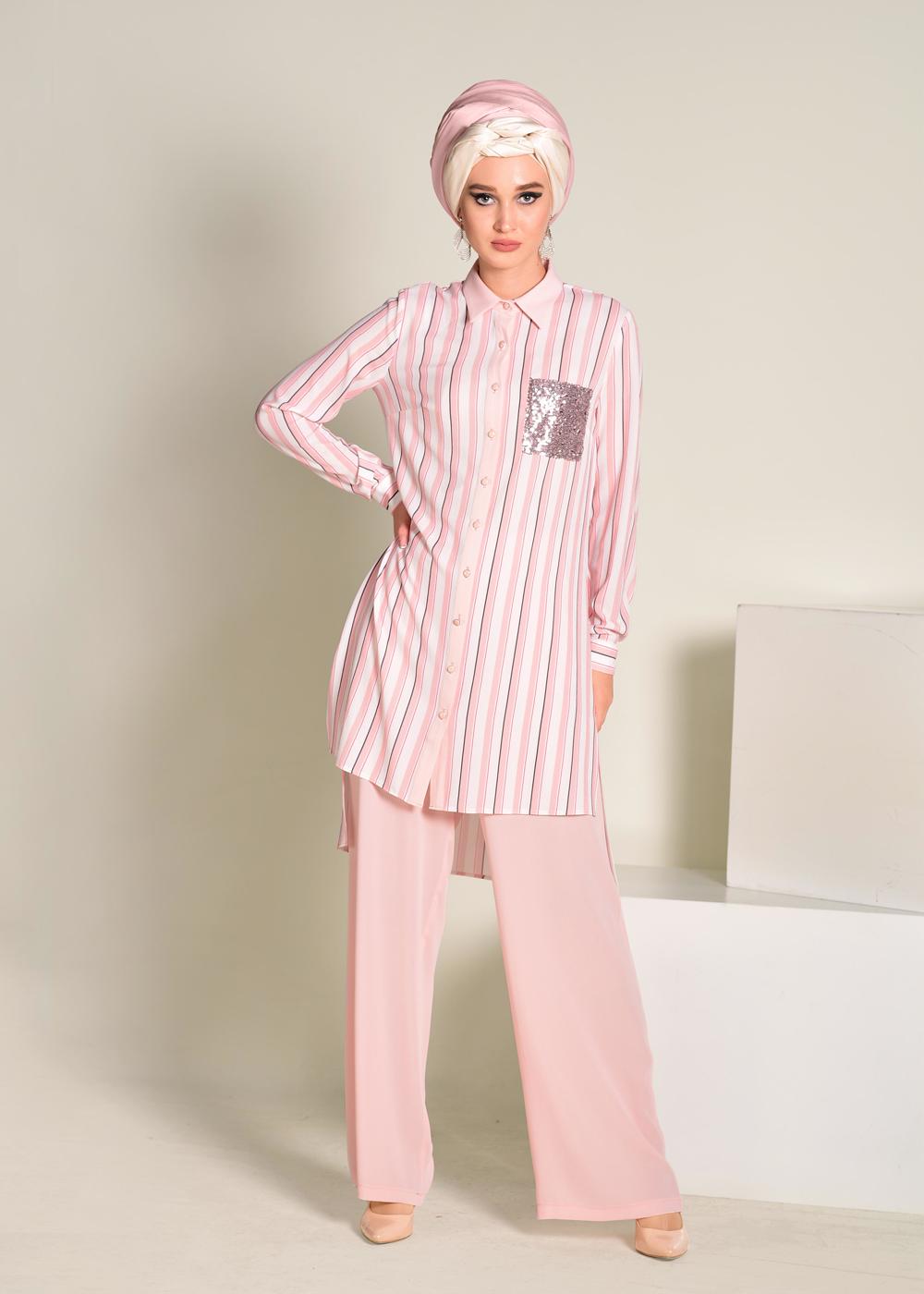 Tesettür giyim PUDRA  CEBİ PUL PAYETLİ ÇİZGİLİ PANTOLONLU TAKIM 4354