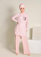 Tesettür giyim PUDRA  CEBİ PUL PAYETLİ ÇİZGİLİ PANTOLONLU TAKIM 4354