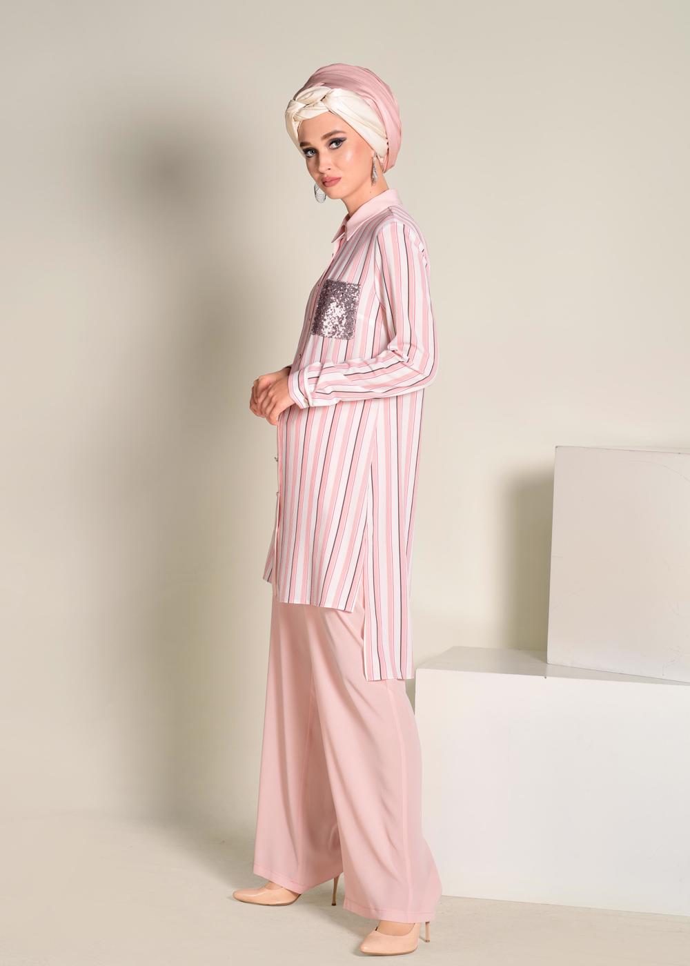 Tesettür giyim PUDRA  CEBİ PUL PAYETLİ ÇİZGİLİ PANTOLONLU TAKIM 4354