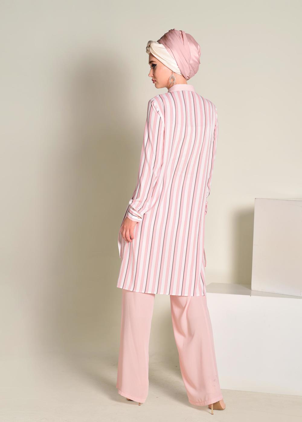 Tesettür giyim PUDRA  CEBİ PUL PAYETLİ ÇİZGİLİ PANTOLONLU TAKIM 4354