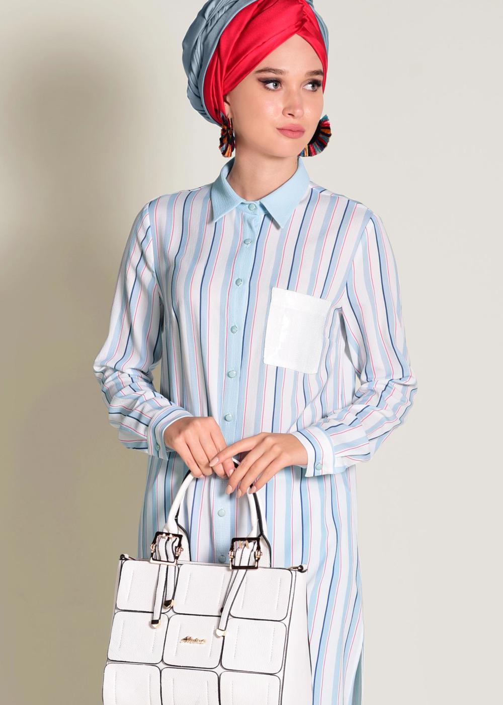 Tesettür giyim MAVİ  CEBİ PUL PAYETLİ ÇİZGİLİ PANTOLONLU TAKIM 4354