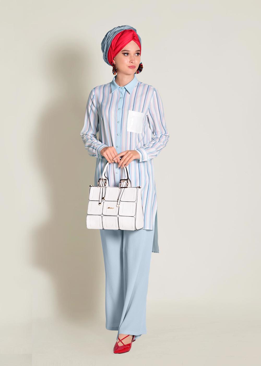 Tesettür giyim MAVİ  CEBİ PUL PAYETLİ ÇİZGİLİ PANTOLONLU TAKIM 4354