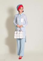 Tesettür giyim MAVİ  CEBİ PUL PAYETLİ ÇİZGİLİ PANTOLONLU TAKIM 4354