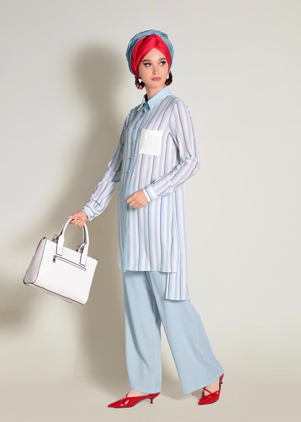 Tesettür giyim MAVİ  CEBİ PUL PAYETLİ ÇİZGİLİ PANTOLONLU TAKIM 4354