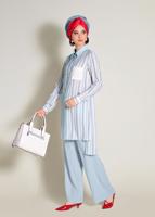 Tesettür giyim MAVİ  CEBİ PUL PAYETLİ ÇİZGİLİ PANTOLONLU TAKIM 4354