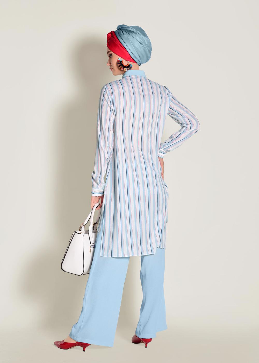 Tesettür giyim MAVİ  CEBİ PUL PAYETLİ ÇİZGİLİ PANTOLONLU TAKIM 4354