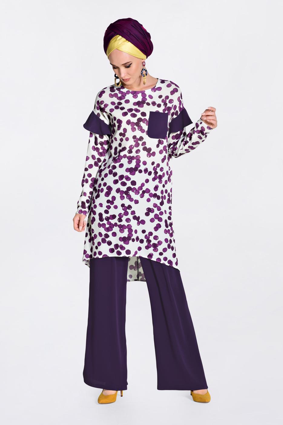 Tesettür giyim MOR  CEP VE KOLARI VOLAN DETAYLI BASKILI 2&prime;Lİ PANT. TAKIM 4373