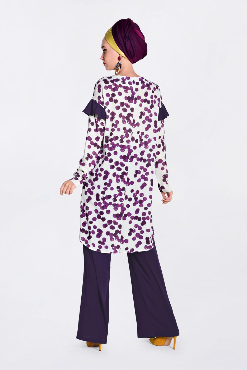 Tesettür giyim MOR  CEP VE KOLARI VOLAN DETAYLI BASKILI 2&prime;Lİ PANT. TAKIM 4373