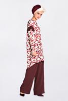 Tesettür giyim BORDO  CEP VE KOLARI VOLAN DETAYLI BASKILI 2&prime;Lİ PANT. TAKIM 4373