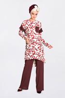 Tesettür giyim BORDO  CEP VE KOLARI VOLAN DETAYLI BASKILI 2&prime;Lİ PANT. TAKIM 4373