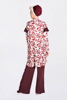 Tesettür giyim BORDO  CEP VE KOLARI VOLAN DETAYLI BASKILI 2&prime;Lİ PANT. TAKIM 4373