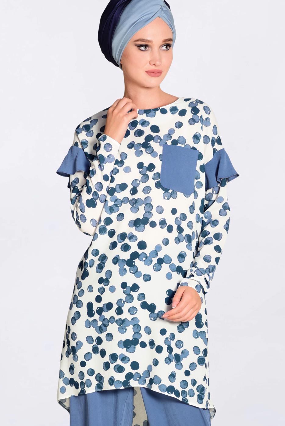 Tesettür giyim LACİVERT  CEP VE KOLARI VOLAN DETAYLI BASKILI 2&prime;Lİ PANT. TAKIM 4373