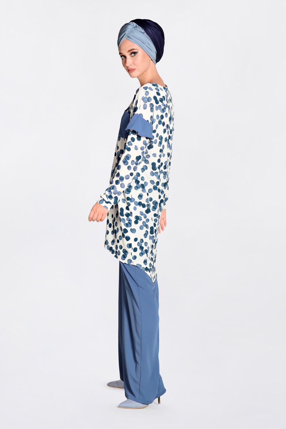 Tesettür giyim LACİVERT  CEP VE KOLARI VOLAN DETAYLI BASKILI 2&prime;Lİ PANT. TAKIM 4373