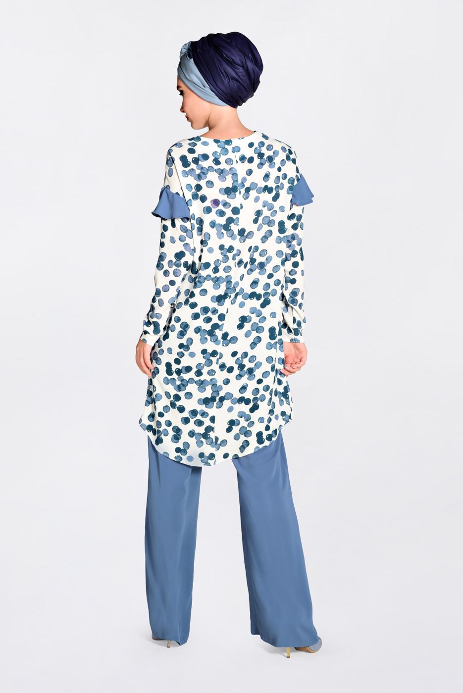 Tesettür giyim LACİVERT  CEP VE KOLARI VOLAN DETAYLI BASKILI 2&prime;Lİ PANT. TAKIM 4373