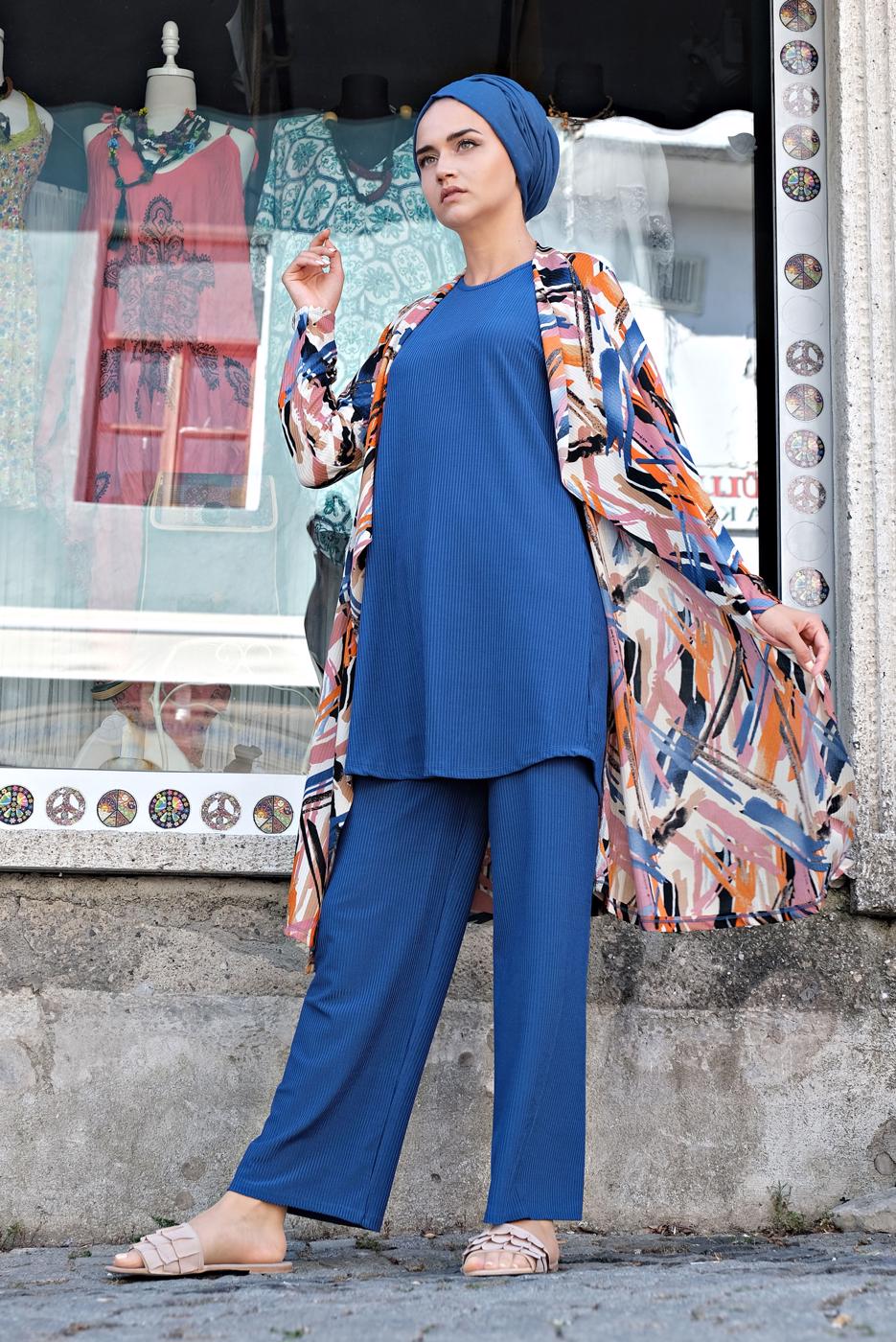 Tesettür giyim LACİVERT FİTİLLİ 3&prime;LÜ PANTOLONLU TAKIM 4425 