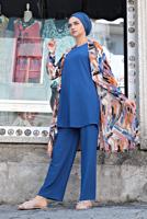 Tesettür giyim LACİVERT FİTİLLİ 3&prime;LÜ PANTOLONLU TAKIM 4425 