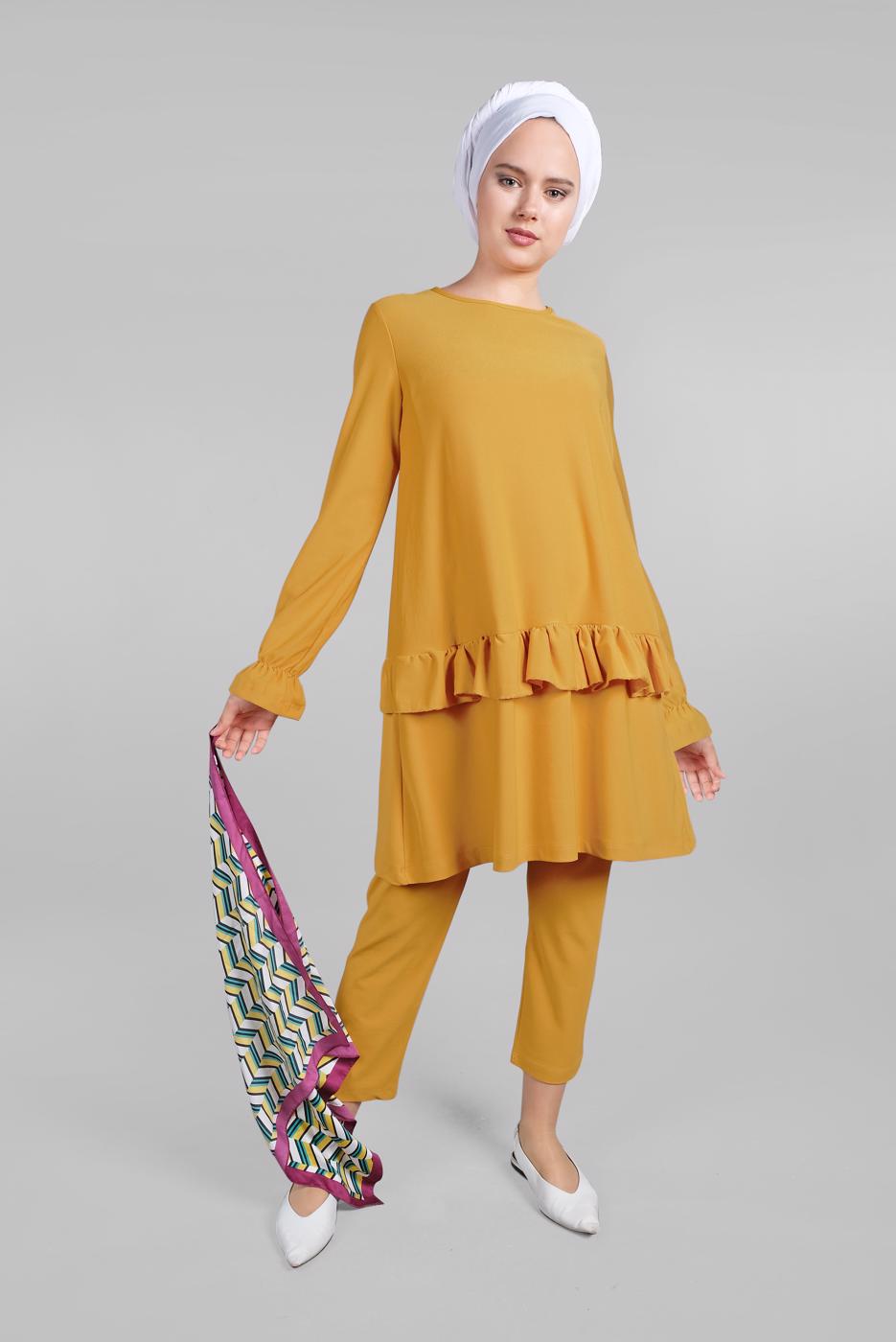 Tesettür giyim TURUNCU KOLLARI BÜZGÜLÜ  2&prime;Lİ PANTOLONLU TAKIM 5016 