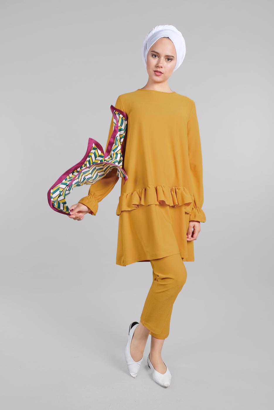 Tesettür giyim TURUNCU KOLLARI BÜZGÜLÜ  2&prime;Lİ PANTOLONLU TAKIM 5016 
