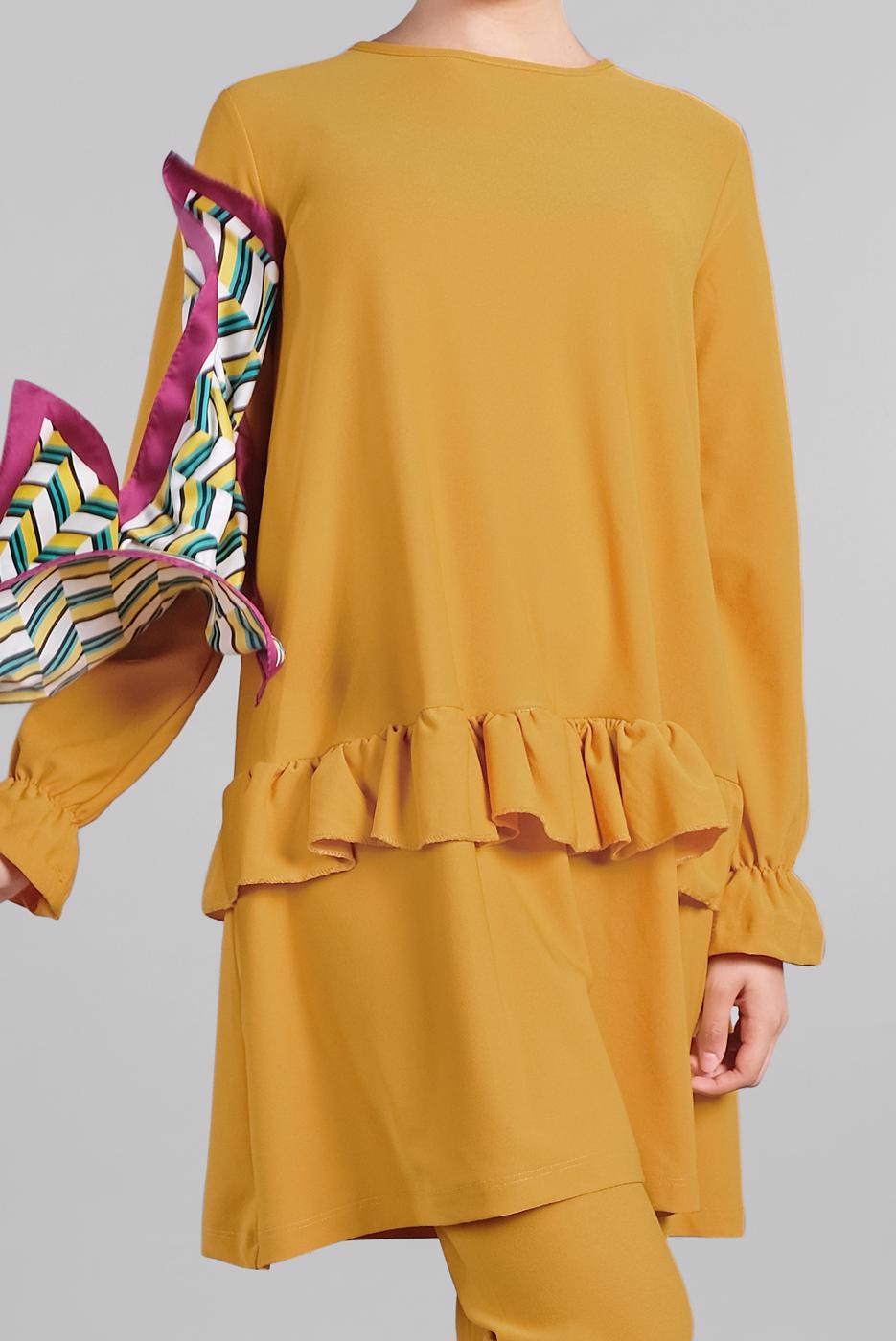 Tesettür giyim TURUNCU KOLLARI BÜZGÜLÜ  2&prime;Lİ PANTOLONLU TAKIM 5016 