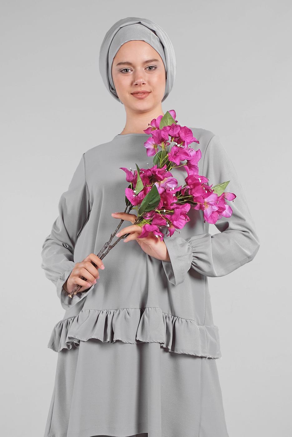 Tesettür giyim GRİ KOLLARI BÜZGÜLÜ  2&prime;Lİ PANTOLONLU TAKIM 5016 