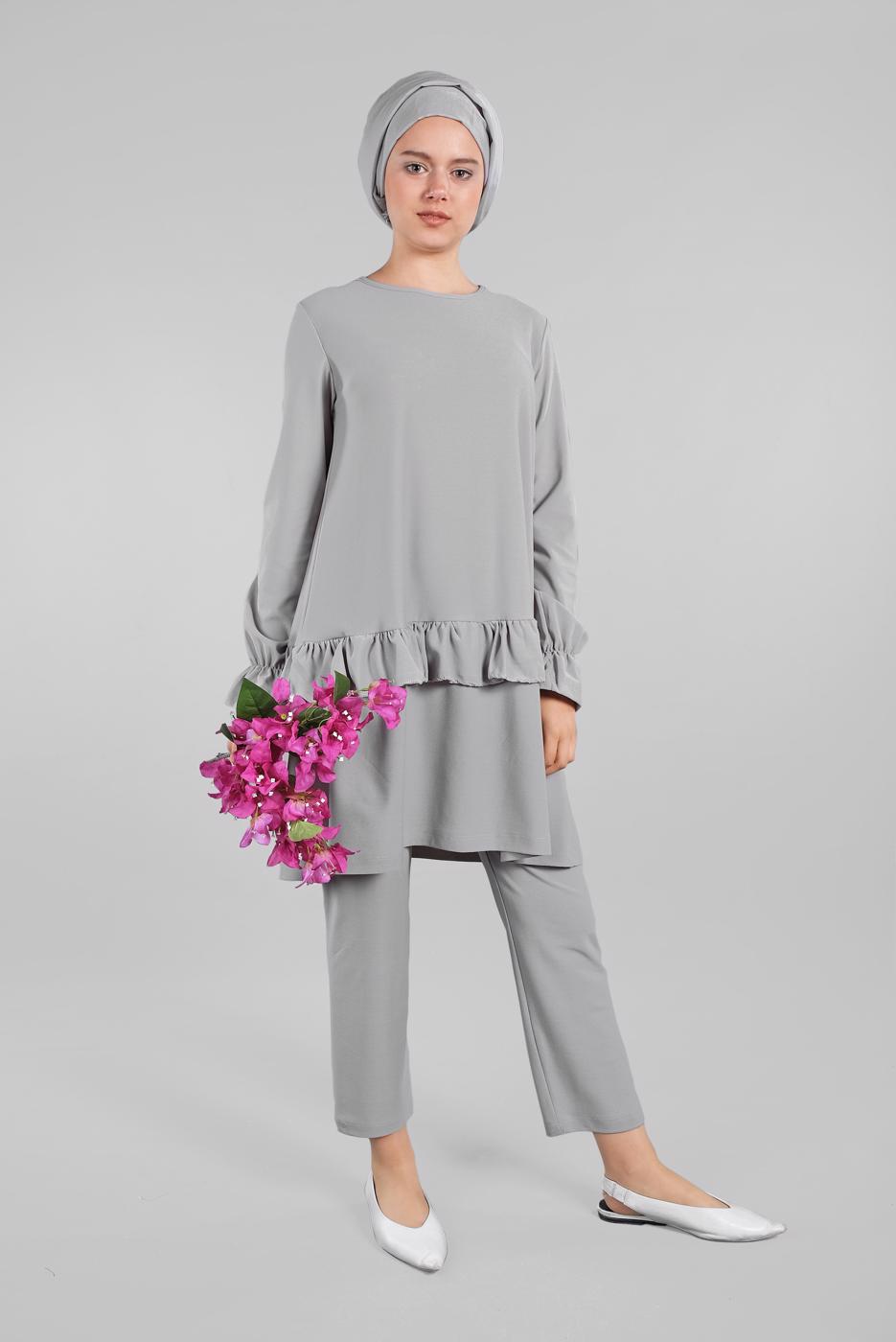 Tesettür giyim GRİ KOLLARI BÜZGÜLÜ  2&prime;Lİ PANTOLONLU TAKIM 5016 