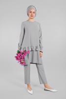 Tesettür giyim GRİ KOLLARI BÜZGÜLÜ  2&prime;Lİ PANTOLONLU TAKIM 5016 